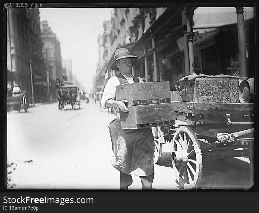 Streetscenes including pedestrians on King Street, George Street, Pitt Street, plus horsedrawn vehicles and activities on York and Castlereagh Streets, including the delivery of ice, bottle and gas cylinders.

Format: Glass photonegative

Find more detailed information about this photographic collection: acms.sl.nsw.gov.au/item/itemDetailPaged.aspx?itemID=404293

From the collection of the State Library of New South Wales www.sl.nsw.gov.au. Streetscenes including pedestrians on King Street, George Street, Pitt Street, plus horsedrawn vehicles and activities on York and Castlereagh Streets, including the delivery of ice, bottle and gas cylinders.

Format: Glass photonegative

Find more detailed information about this photographic collection: acms.sl.nsw.gov.au/item/itemDetailPaged.aspx?itemID=404293

From the collection of the State Library of New South Wales www.sl.nsw.gov.au