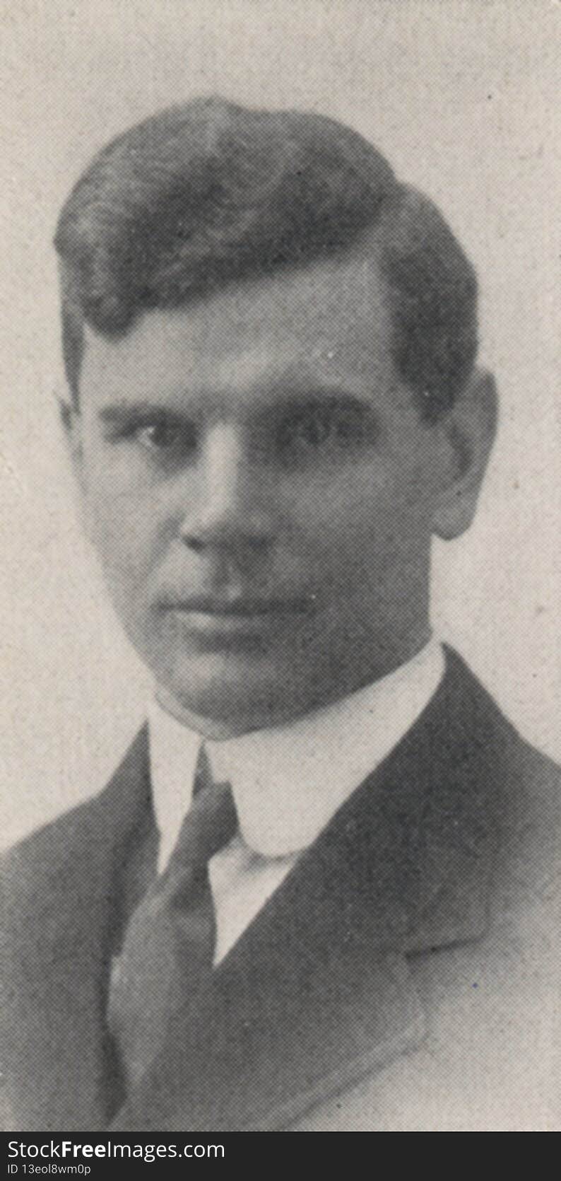 Ben Sells Thompson, one of the founders of Upper Arlington, was born in Georgetown, Ohio in 1879. As a young man, he moved to Mansfield and worked in the hardware business. Later he attended the engineering college at The Ohio State University. In 1907, Ben joined his brother, King Thompson, in the real estate business. 

In 1913, Ben Thompson and his brother, King, purchased 840 acres of land from James Terrell Miller to develop an &quot;ideal residential community for Columbus.&quot; The land appealed to the Thompsons as a residential site because of its location on high ground, its proximity to both downtown Columbus and The Ohio State University campus, and its position upwind from larger cities. The beautiful land that was once a &quot;well-managed, immaculately kept, working farm&quot; was subdivided into 2500 lots. In 1914 the King Thompson Company was formed to sell this new community to the public. In August of 1914, laborers and teams of horses were hired by the Thompson brothers to construct the first street, named Roxbury Road, leading into this pristine new subdivision. Ben Thompson&#x27;s home, located on Cambridge Boulevard, was completed in 1916.

In 1917, the Upper Arlington Company was established, with King Thompson as president and Ben Thompson as vice president, to manage the streets, sewers, and water lines. Ben Thompson also served as president of the Northwest Boulevard Company, which deeded the land that was eventually used to construct Northwest Boulevard. This road, known by many Upper Arlington residents as a crucial step in the development of the village, provided a convenient route from Upper Arlington directly to downtown Columbus.

On March 20, 1918 the village of Upper Arlington, with two hundred residents, was incorporated. Before the establishment of a police force, Ben Thompson was elected to the &quot;high office of Marshal of Upper Arlington&quot; for which he took no salary. Ben and King Thompson were very active in the life of their new community, entertaining residents, sponsoring athletic competitions, and organizing holiday activities for the families. Ben Thompson was a member of the first Village Commission, an appointed member of the Upper Arlington Park Board, and served as treasurer of the Men&#x27;s Brotherhood, predecessor of the Upper Arlington Civic Association. Ben Thompson later accepted a secretarial position with the Y.M.C.A., and was stationed overseas in that capacity. 

Ben Thompson was married to the former Catherine Pinney, of Flint, Ohio, and the couple resided at 1919 Cambridge Boulevard. Mrs. Thompson served as chairwoman of the Upper Arlington Red Cross Unit, established in 1917, which met weekly to socialize, as well as to sew towels, hospital clothes, and bandages in their contribution to the war effort. In addition to his work in real estate, Ben Thompson was an outdoorsman who enjoyed baseball, hunting and fishing. Ben once gave a &quot;short and very interesting account of his northern hunting trip and the methods and difficulties encountered in bagging a grizzly bear.&quot;

This image available online at the UA Archives &gt;&gt;

Read the related &quot;Norwester&quot; magazine article at the UA Archives &gt;&gt;

----------------------------------------

Identifier: hinw12p024i01
Date &#x28;yyyy-mm-dd&#x29;: c. 1918-10
Original Dimensions: 3.3 cm x 6.4 cm 
Format: Black and White Halftone Photograph
Source: Norwester, October 1918, page 24
Original Publisher: Upper Arlington Community &#x28;Ohio&#x29;
Location/s: Upper Arlington &#x28;USA, Ohio, Franklin County&#x29;
Repository: Upper Arlington Historical Society
Digital Publisher: Upper Arlington Public Library, UA Archives

Credit: UA Archives - Upper Arlington Public Library &#x28;Repository: UA Historical Society&#x29;. Ben Sells Thompson, one of the founders of Upper Arlington, was born in Georgetown, Ohio in 1879. As a young man, he moved to Mansfield and worked in the hardware business. Later he attended the engineering college at The Ohio State University. In 1907, Ben joined his brother, King Thompson, in the real estate business. 

In 1913, Ben Thompson and his brother, King, purchased 840 acres of land from James Terrell Miller to develop an &quot;ideal residential community for Columbus.&quot; The land appealed to the Thompsons as a residential site because of its location on high ground, its proximity to both downtown Columbus and The Ohio State University campus, and its position upwind from larger cities. The beautiful land that was once a &quot;well-managed, immaculately kept, working farm&quot; was subdivided into 2500 lots. In 1914 the King Thompson Company was formed to sell this new community to the public. In August of 1914, laborers and teams of horses were hired by the Thompson brothers to construct the first street, named Roxbury Road, leading into this pristine new subdivision. Ben Thompson&#x27;s home, located on Cambridge Boulevard, was completed in 1916.

In 1917, the Upper Arlington Company was established, with King Thompson as president and Ben Thompson as vice president, to manage the streets, sewers, and water lines. Ben Thompson also served as president of the Northwest Boulevard Company, which deeded the land that was eventually used to construct Northwest Boulevard. This road, known by many Upper Arlington residents as a crucial step in the development of the village, provided a convenient route from Upper Arlington directly to downtown Columbus.

On March 20, 1918 the village of Upper Arlington, with two hundred residents, was incorporated. Before the establishment of a police force, Ben Thompson was elected to the &quot;high office of Marshal of Upper Arlington&quot; for which he took no salary. Ben and King Thompson were very active in the life of their new community, entertaining residents, sponsoring athletic competitions, and organizing holiday activities for the families. Ben Thompson was a member of the first Village Commission, an appointed member of the Upper Arlington Park Board, and served as treasurer of the Men&#x27;s Brotherhood, predecessor of the Upper Arlington Civic Association. Ben Thompson later accepted a secretarial position with the Y.M.C.A., and was stationed overseas in that capacity. 

Ben Thompson was married to the former Catherine Pinney, of Flint, Ohio, and the couple resided at 1919 Cambridge Boulevard. Mrs. Thompson served as chairwoman of the Upper Arlington Red Cross Unit, established in 1917, which met weekly to socialize, as well as to sew towels, hospital clothes, and bandages in their contribution to the war effort. In addition to his work in real estate, Ben Thompson was an outdoorsman who enjoyed baseball, hunting and fishing. Ben once gave a &quot;short and very interesting account of his northern hunting trip and the methods and difficulties encountered in bagging a grizzly bear.&quot;

This image available online at the UA Archives &gt;&gt;

Read the related &quot;Norwester&quot; magazine article at the UA Archives &gt;&gt;

----------------------------------------

Identifier: hinw12p024i01
Date &#x28;yyyy-mm-dd&#x29;: c. 1918-10
Original Dimensions: 3.3 cm x 6.4 cm 
Format: Black and White Halftone Photograph
Source: Norwester, October 1918, page 24
Original Publisher: Upper Arlington Community &#x28;Ohio&#x29;
Location/s: Upper Arlington &#x28;USA, Ohio, Franklin County&#x29;
Repository: Upper Arlington Historical Society
Digital Publisher: Upper Arlington Public Library, UA Archives

Credit: UA Archives - Upper Arlington Public Library &#x28;Repository: UA Historical Society&#x29;