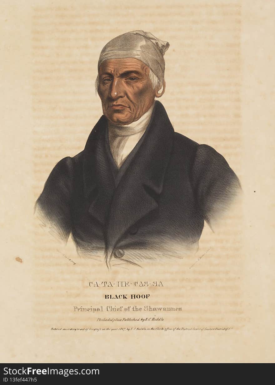 Title: Ca-Ta-He-Cas-Sa, Black Hoof, Principal Chief of the Shawannes

Creator: Lehman &amp; Duval Lithrs &#x28;lithographer&#x29;; King, Charles Bird, 1785-1862 &#x28;painter&#x29;

Date: 1842

Part Of: History of the Indian tribes of North America, with biographical sketches and anecdotes of the principal chiefs

Series: History of the Indian tribes of North America, Volume 1

Description: This portrait is part of History of the Indian Tribes of North America, with Biographical Sketches and Anecdotes of the Principal Chiefs. Embellished with One Hundred and Twenty Portraits, from the Indian Gallery in the Department of War, at Washington. By Thomas L. M&#x27;Kenney [McKenney], Late of the Indian Department, Washington, and James Hall, Esq. of Cincinnati. Volume 1. Philadelphia: Published by Daniel Rice and James G. Clark, 132 Arch Street. 1842.

Physical Description: 1 print: lithograph, part of 1 volume; 52 x 38 cm

File: vault_folio_5_e77_m13_1842_1_114c_opt.jpg

Rights: Please cite DeGolyer Library, Southern Methodist University when using this file. A high-resolution version of this file may be obtained for a fee. For details see the sites.smu.edu/cul/degolyer/research/permissions/ web page. For other information, contact degolyer@smu.edu.

For more information, see: digitalcollections.smu.edu/cdm/ref/collection/nam/id/18

View North America: Photographs, Manuscripts, and Imprints: digitalcollections.smu.edu/all/cul/nam