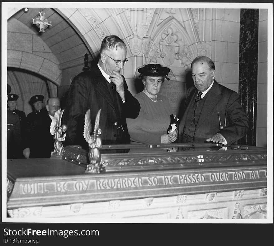 Public Archives of Canada

Part of collection: Journey of Prime Minister John Curtin to the United States, Canada and Great Britain, 1944.; Title devised from handwritten inscription on reverse.; &quot;Australian Prime Ministers John Curtin and Mrs. Curtin with &#x28;right&#x29; Canadian Prime Minister Mackenzie King, examining Book of Remembrance in Memorial Chamber, Peace Tower, in Parliament buildings, Ottawa, Canada, 1944.&quot;--Handwritten on reverse.; &quot;Please credit: The Public Archives of Canada&quot;--Stamped on reverse.; Negative no. 2664.; Also available in an electronic version via the Internet at: nla.gov.au/nla.pic-vn3583310.

Persistent URL
nla.gov.au/nla.pic-vn3583310. Public Archives of Canada

Part of collection: Journey of Prime Minister John Curtin to the United States, Canada and Great Britain, 1944.; Title devised from handwritten inscription on reverse.; &quot;Australian Prime Ministers John Curtin and Mrs. Curtin with &#x28;right&#x29; Canadian Prime Minister Mackenzie King, examining Book of Remembrance in Memorial Chamber, Peace Tower, in Parliament buildings, Ottawa, Canada, 1944.&quot;--Handwritten on reverse.; &quot;Please credit: The Public Archives of Canada&quot;--Stamped on reverse.; Negative no. 2664.; Also available in an electronic version via the Internet at: nla.gov.au/nla.pic-vn3583310.

Persistent URL
nla.gov.au/nla.pic-vn3583310