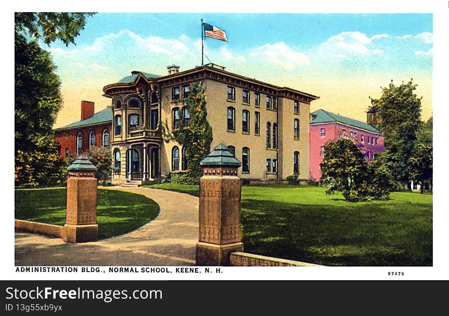 TITLE
Hale Building, Keene State College, Keene, NH

CREATOR

SUBJECT
Universities and colleges - NH - Keene
Houses - NH - Keene

DESCRIPTION
Postcard of the Hale Building, formerly used as an Administration Building, Keene State College located at the corner of Main and Winchester Streets in Keene New Hampshire. It was originally built in 1860 for Ex-Governor Samuel Dinsmoor and was later the home of Governor Samuel W. Hale. In 1909 it was presented to the state by the City of Keene when the Normal School was established.

PUBLISHER
Keene Public Library

DATE DIGITAL
20080414

DATE ORIGINAL

RESOURCE TYPE
photographs
photographic postcards

FORMAT
image/jpg

RESOURCE IDENTIFIER
hsyksch021

RIGHTS MANAGMENT
No known restriction on publication.