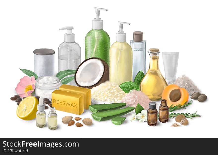 Composition with bottles, cream, ingredients for the production of homemade cosmetics. Natural cosmetics. Composition with bottles, cream, ingredients for the production of homemade cosmetics. Natural cosmetics