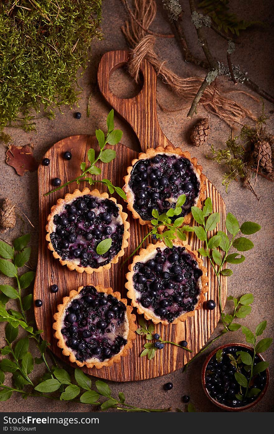 Mini tarts with blueberries and sour cream filling. Sweet homemade dessert with wild forest berries. Mini tarts with blueberries and sour cream filling. Sweet homemade dessert with wild forest berries.