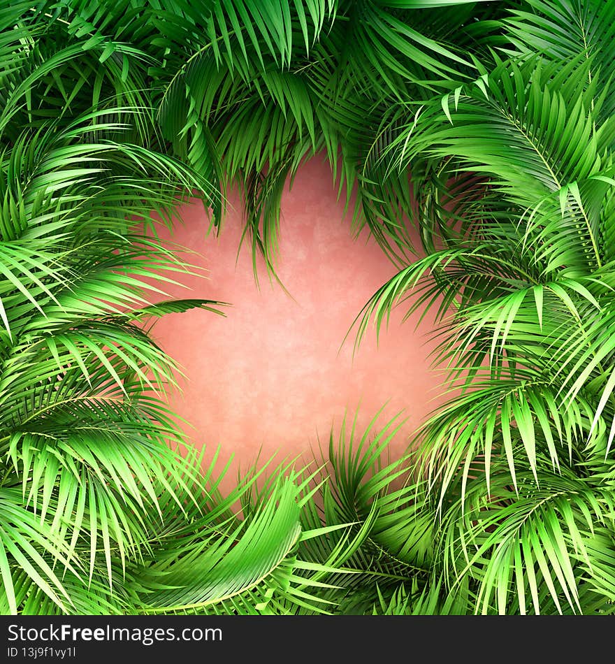 Summer creative fresh palm frame concept on pastel peachy background. Tropical poster with copy space. Flat lay.