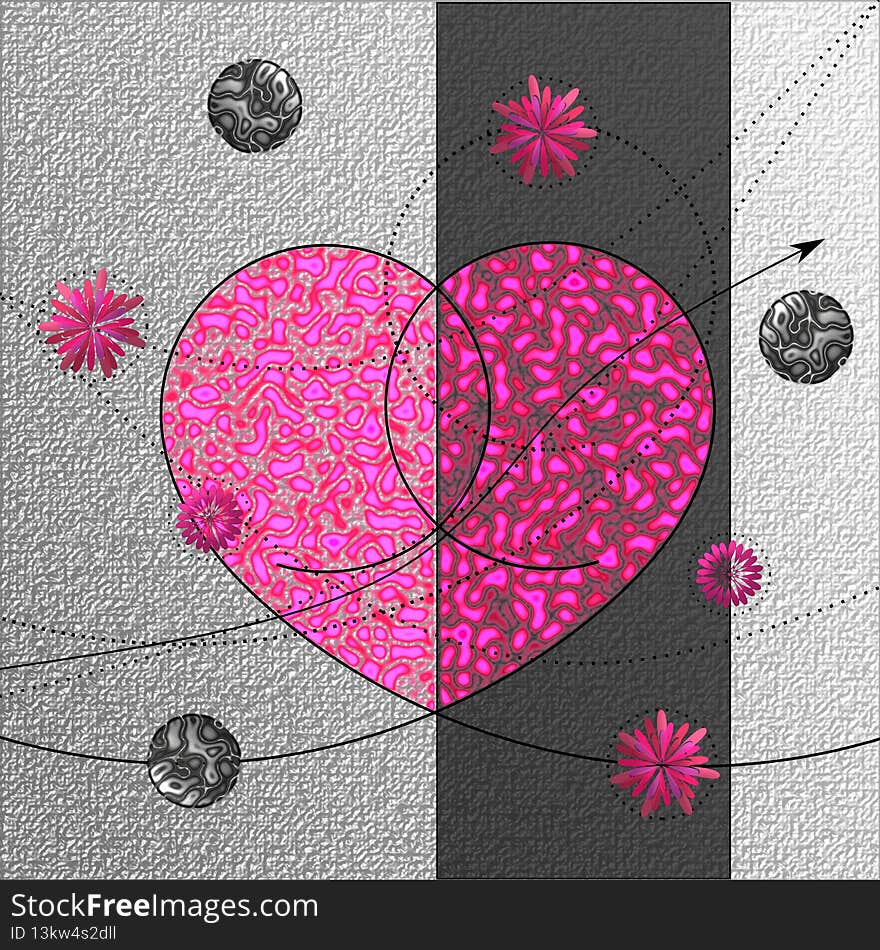 An abstract illustration of an embellished pink heart, on a background of textured gray paper, with whimsical lines, arrows, buttons and flowers. An abstract illustration of an embellished pink heart, on a background of textured gray paper, with whimsical lines, arrows, buttons and flowers.