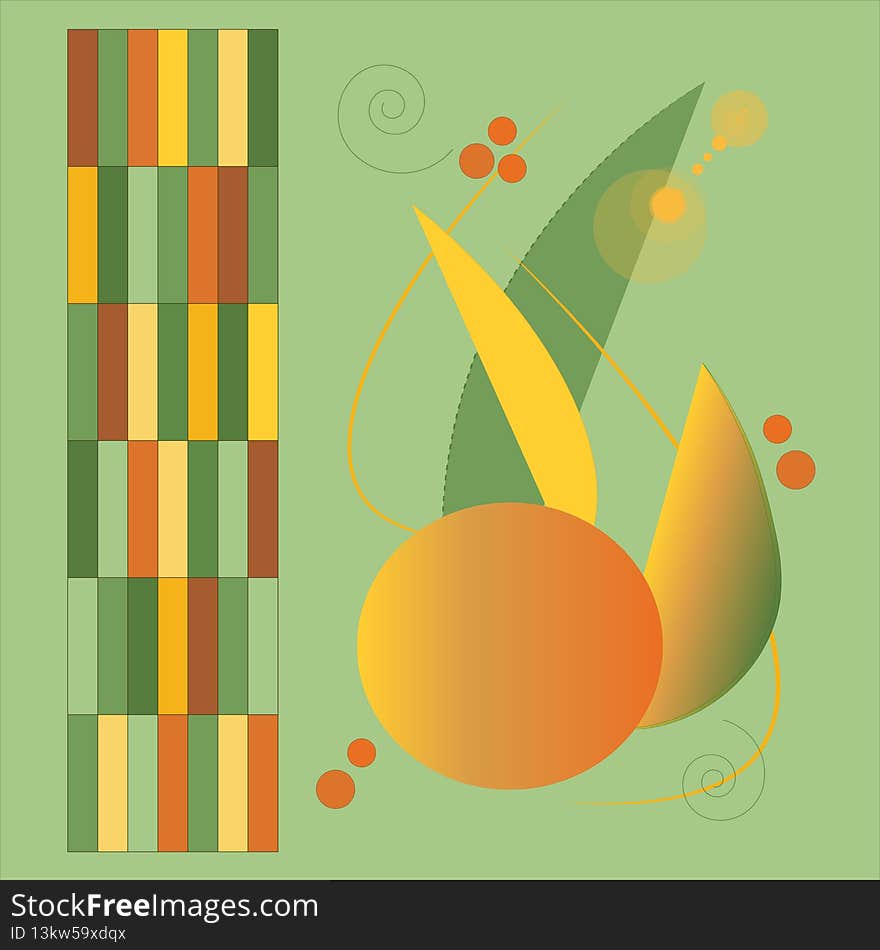 An abstract illustration featuring yellow, orange and green fruit and vegetables, with a mosaic of similar colors, on a green background. Just the kind of fresh, bright, colorful food you would find in the spring and summer at the farmers' market. An abstract illustration featuring yellow, orange and green fruit and vegetables, with a mosaic of similar colors, on a green background. Just the kind of fresh, bright, colorful food you would find in the spring and summer at the farmers' market.