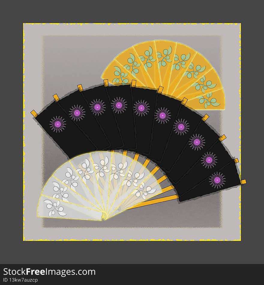 An abstract illustration of a trio of folding fans, in orange, black and white. A glimpse into another cuture. An abstract illustration of a trio of folding fans, in orange, black and white. A glimpse into another cuture.