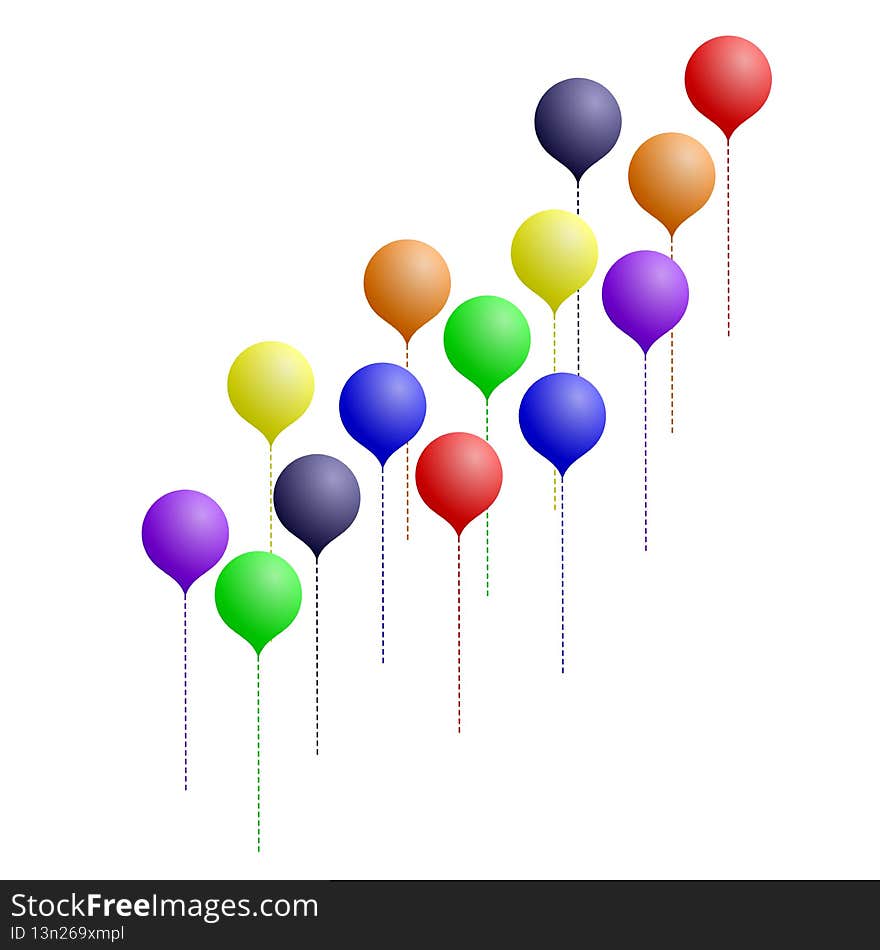 An abstract illustration featuring a spray helium balloons in rainbow colors, on a white background. An abstract illustration featuring a spray helium balloons in rainbow colors, on a white background