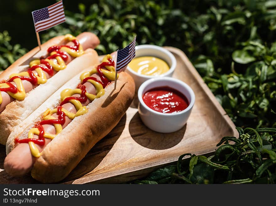 hot dogs with small usa flags