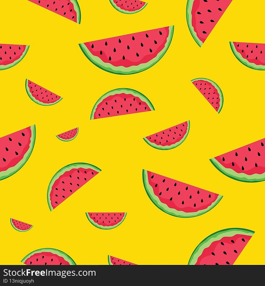 Watermelon pattern. Seamless watermelons isolated on yellow.