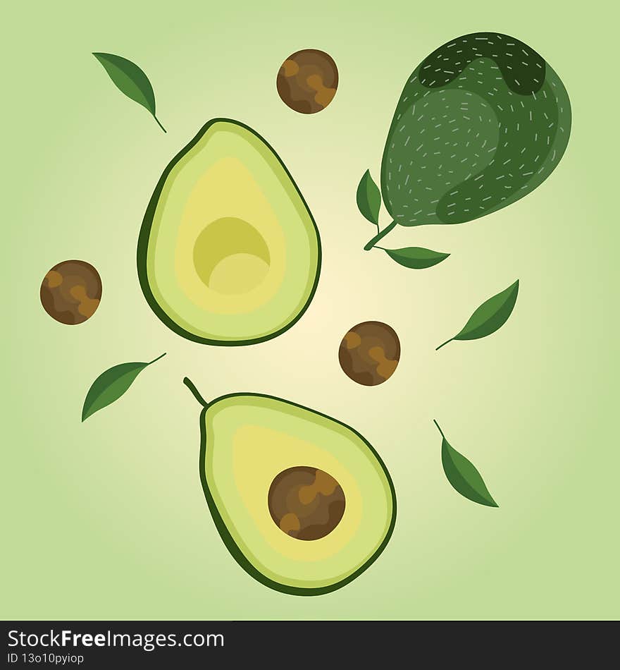 Set of cute avocado fruit and trendy lettering. Composition with green avocado on a pastel background
