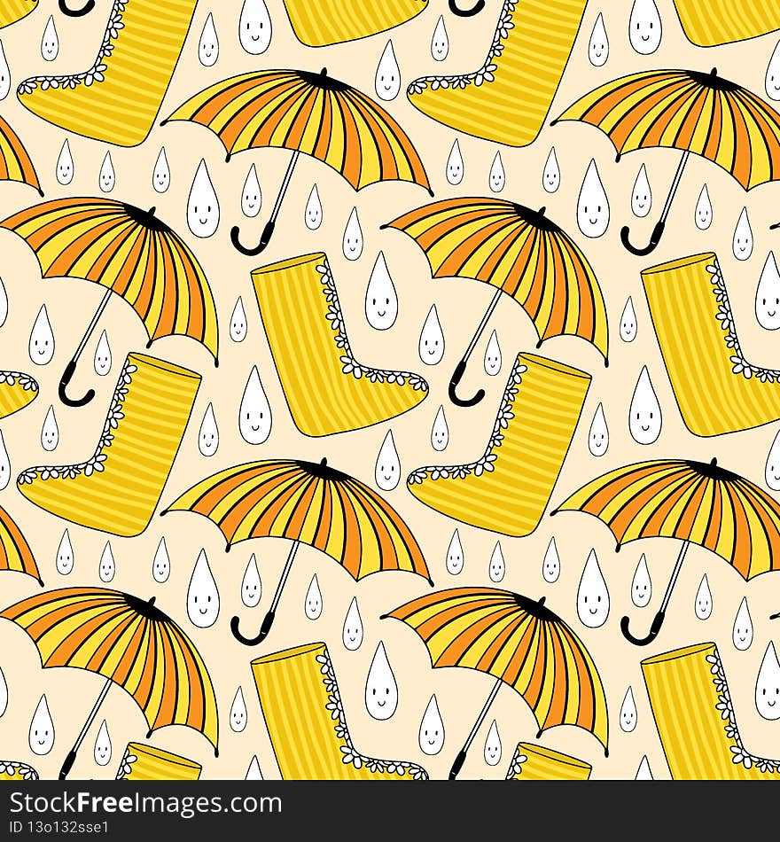 Pattern with umbrellas and rubbel boots. Autumn seamless background in orange and yellow colors. Childish fall fashion