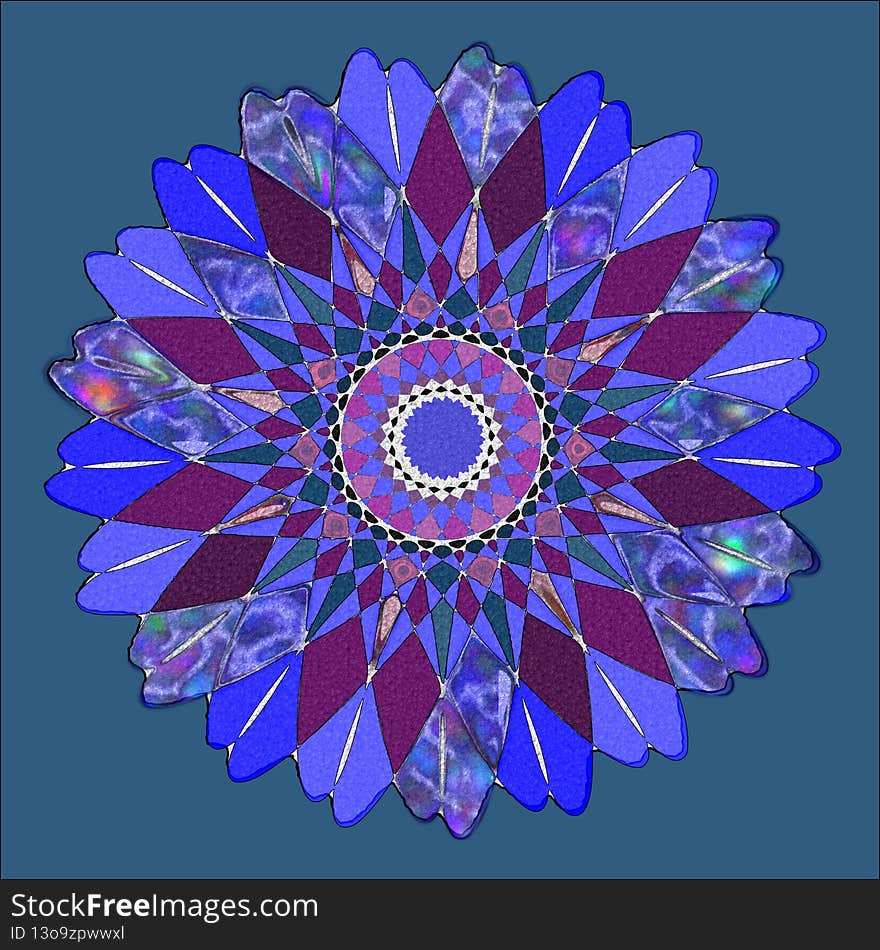An abstract illustration featuring a vivid blue, red, pink and rainbow patterned mandala or geometric star shape. Deep, rich tie-dyed colors. Flower power. An abstract illustration featuring a vivid blue, red, pink and rainbow patterned mandala or geometric star shape. Deep, rich tie-dyed colors. Flower power.