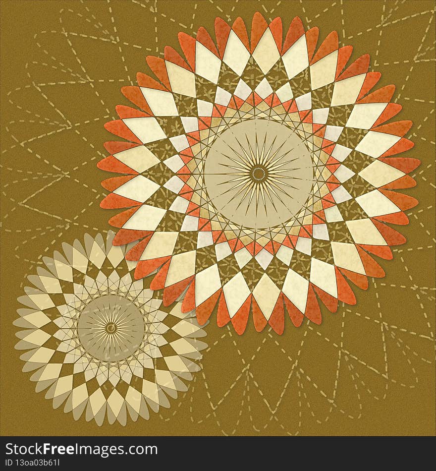 An abstract illustration featuring warm tan and orange geometric mandalas on a buckskin-colored background with a stitched mandala. An abstract illustration featuring warm tan and orange geometric mandalas on a buckskin-colored background with a stitched mandala.