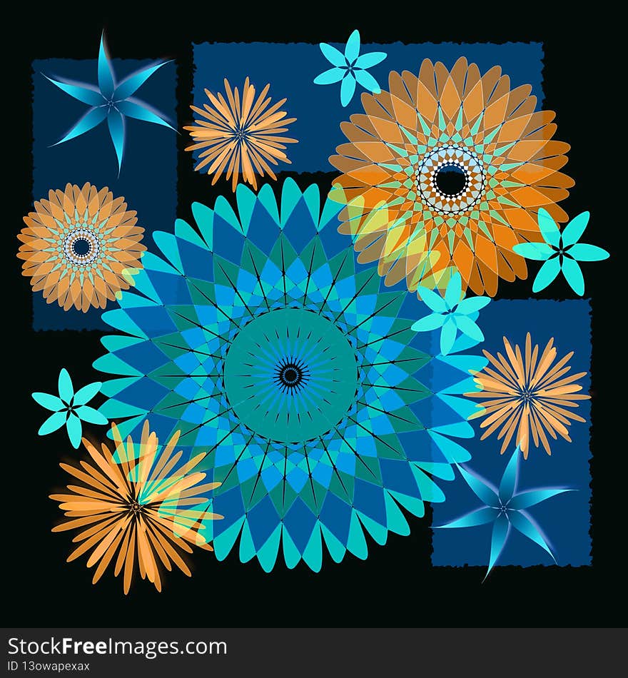 An abstract illustration featuring orange, blue and blue-green geometric star-flowers, with blue embellishments, on a black background. Deep, dramatic, vibrant. An abstract illustration featuring orange, blue and blue-green geometric star-flowers, with blue embellishments, on a black background. Deep, dramatic, vibrant.