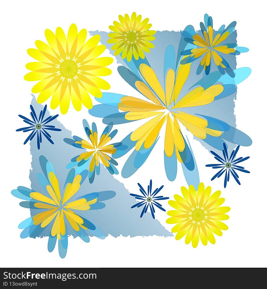 An abstract illustration featuring yellow and blue geometric star-flowers, on a blue and white background. Clean, crisp, sunny and bright. An abstract illustration featuring yellow and blue geometric star-flowers, on a blue and white background. Clean, crisp, sunny and bright.