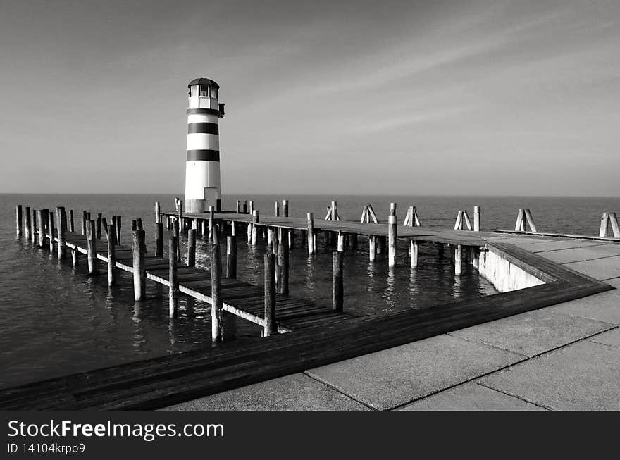 Lighthouse at Lake Neusiedl  beautiful Black and White photography panorama at sea. Neusiedler See, Burgenland, Austria. Beautiful panorama at Lake or lake with lighthouse.