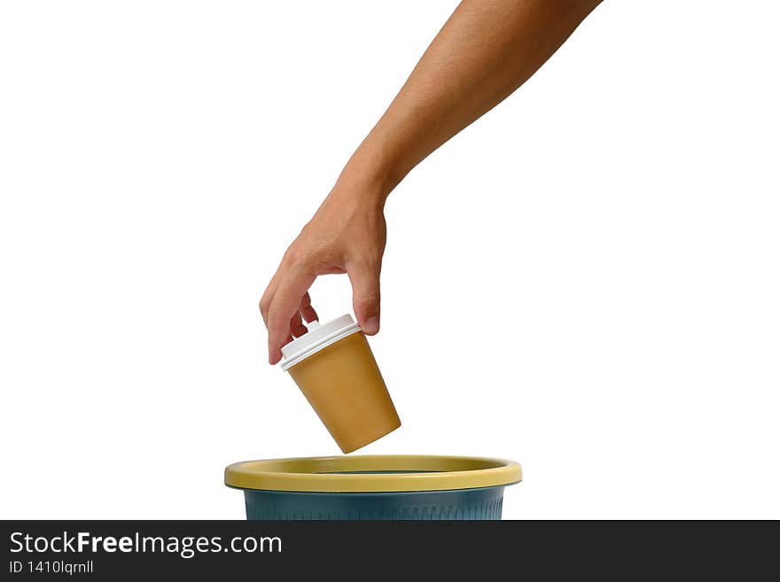 Hand on white background throws disposable cup of takeaway coffee into trash.Recycling and ecology.