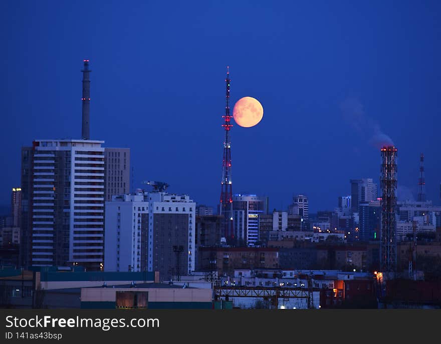 Moon over the city, night sky, evening, twilights, morning sky