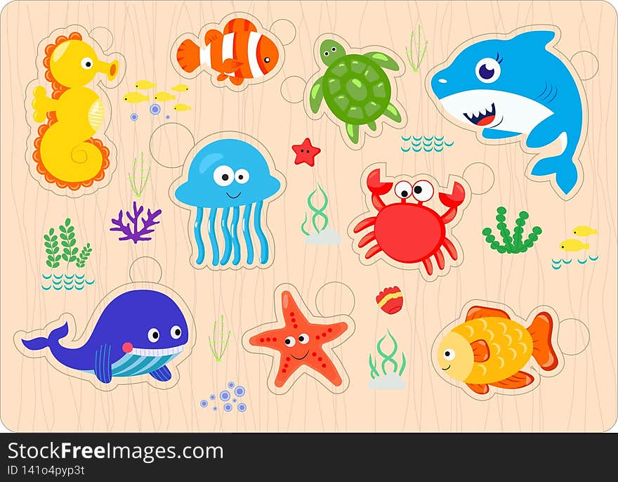Wooden Educational Colorful Sea Animals vector