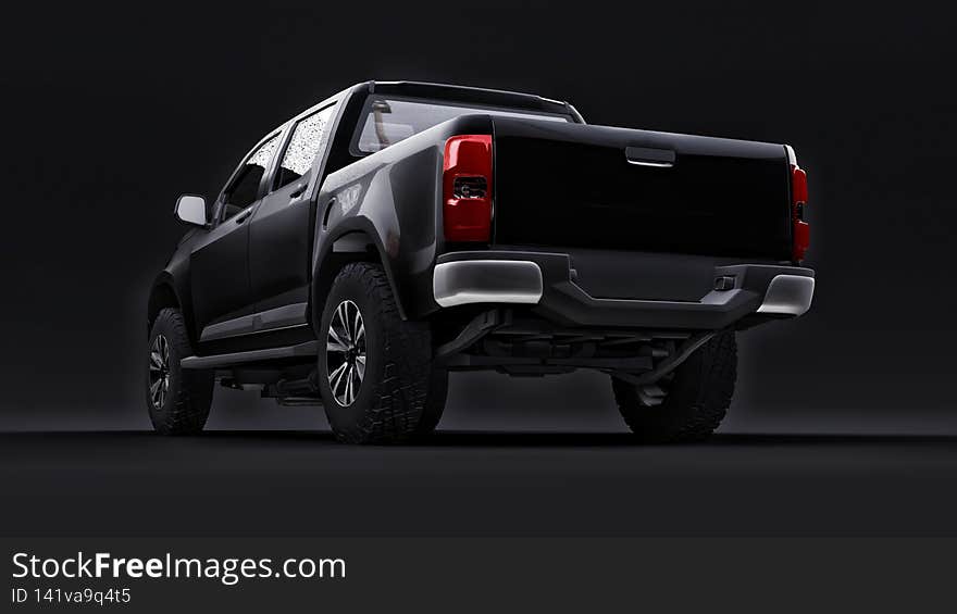 Black pickup car on a black background. 3d rendering.
