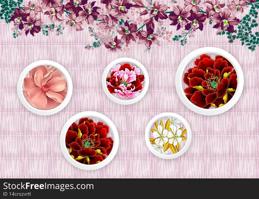 3d floral mural wallpaper . flowers in white circles in light background.