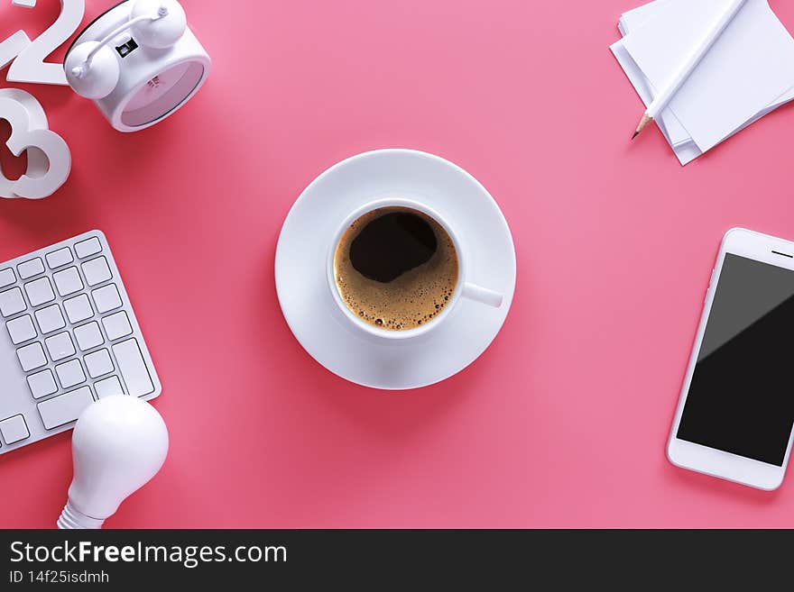 A cup of coffee on work space office