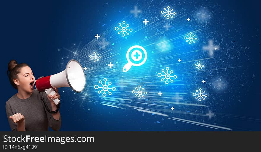 Young person yellin in loudspeaker with magnifying glass icon, social networking concept. Young person yellin in loudspeaker with magnifying glass icon, social networking concept