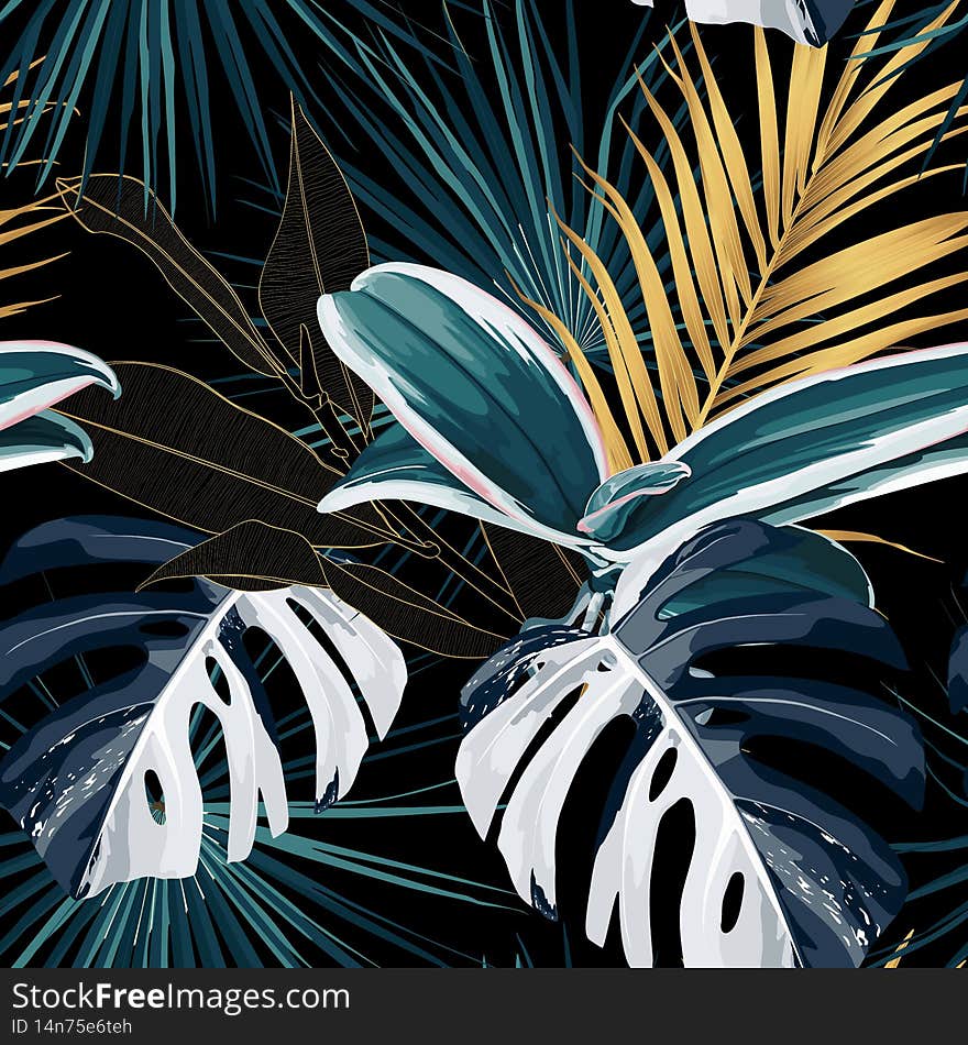 Tropical night vintage palm, banana, plant, golden leaves, floral seamless border black background.