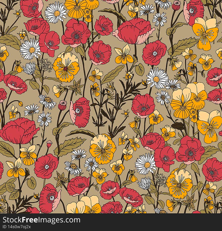 Seamless Hand Drawn Floral Pattern, Colored Flowers Ready for Textile Prints.