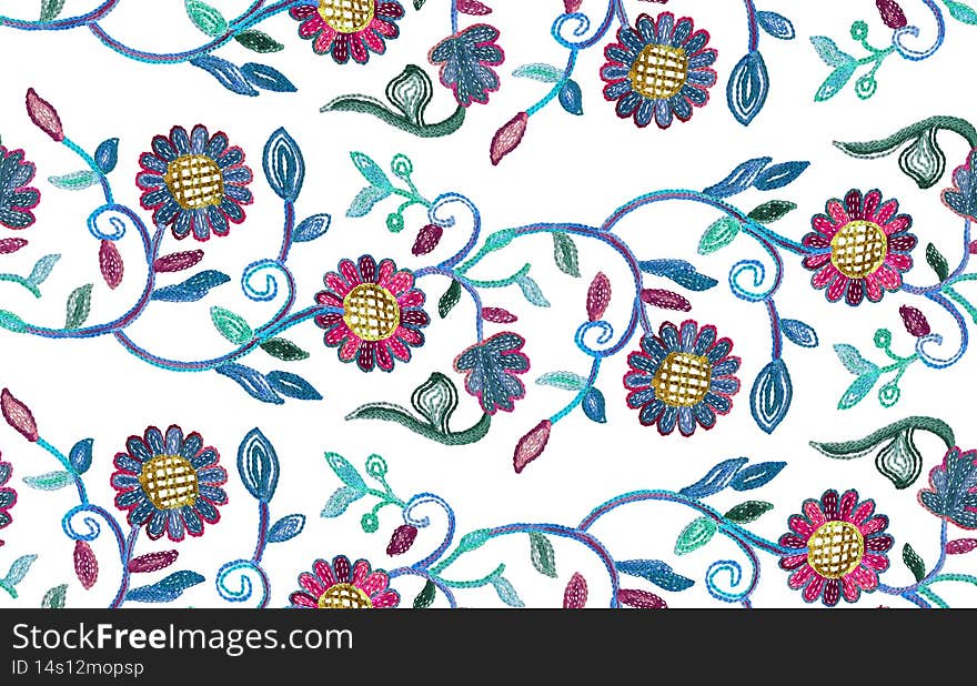 Seamless Embroidery Pattern of Flowers with Leaves Designed for Fabric Textile.