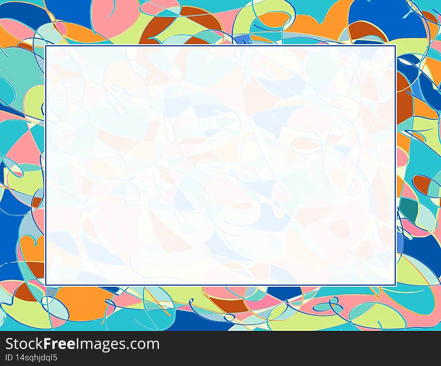 Frame with orange, blue, turquoise, yellow, rose and white irregular pattern around luminous center. Frame with orange, blue, turquoise, yellow, rose and white irregular pattern around luminous center