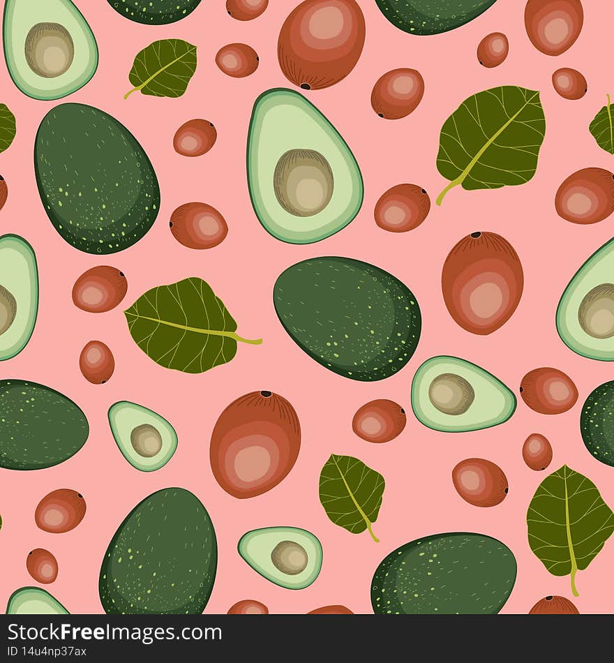 Avocado illustration vector seamless pattern, pink background