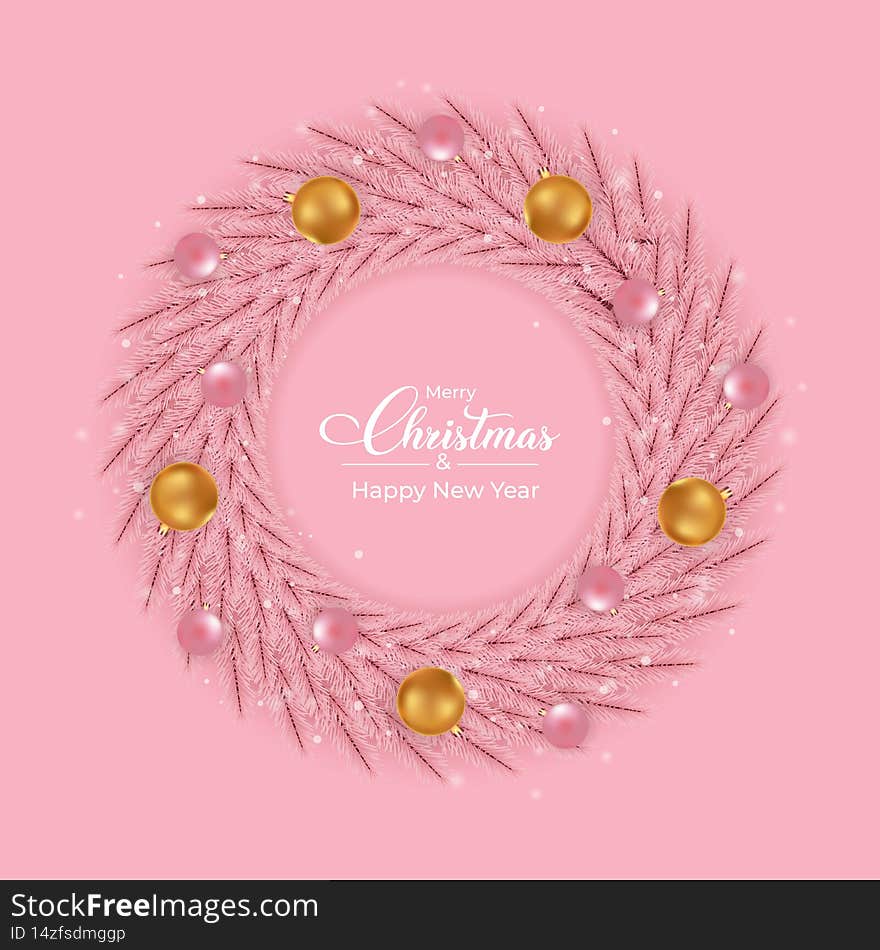 Christmas pink wreath design with pink and golden decoration light balls. Pink color girly wreath design with golden light balls.
