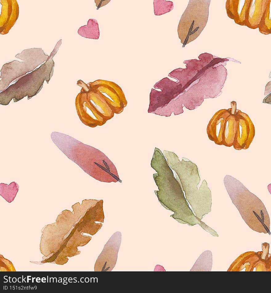 Seamless pattern with autumn leaves and pumpkin watercolor. Hand-drawn autumn multicolored leaves.