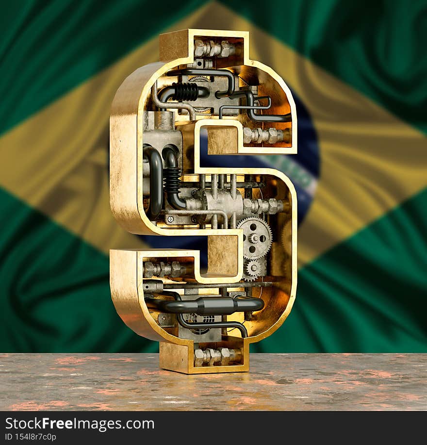 Monetary symbol or dollar sign with gears over Brazil flag. Brazilian economy and business concept. 3D rendering
