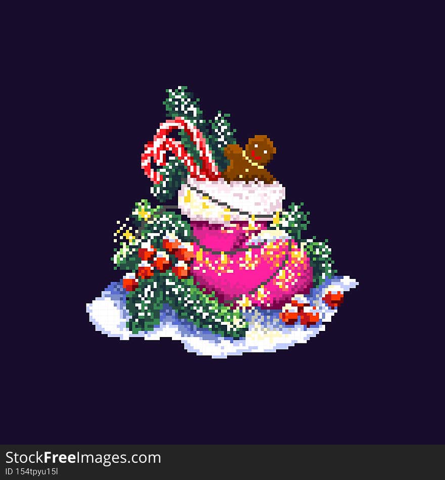 Pixel art. Christmas boot with gingerbread, fir trees, and holly berries. Christmas and new year composition.