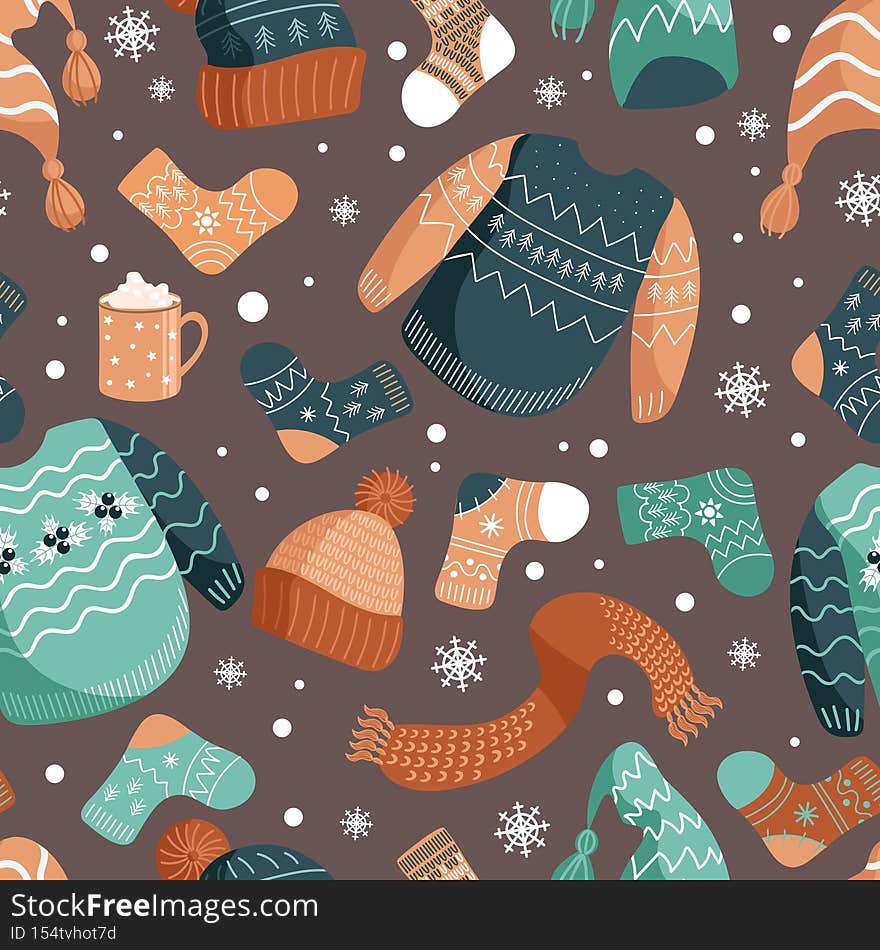 Vector Christmas illustration patterns of winter warm clothes. Hats, socks, ugly Christmas sweater, jumper, scarf. Mug with cocoa. In earthy shades. For wallpaper, printing on fabric, wrapping,