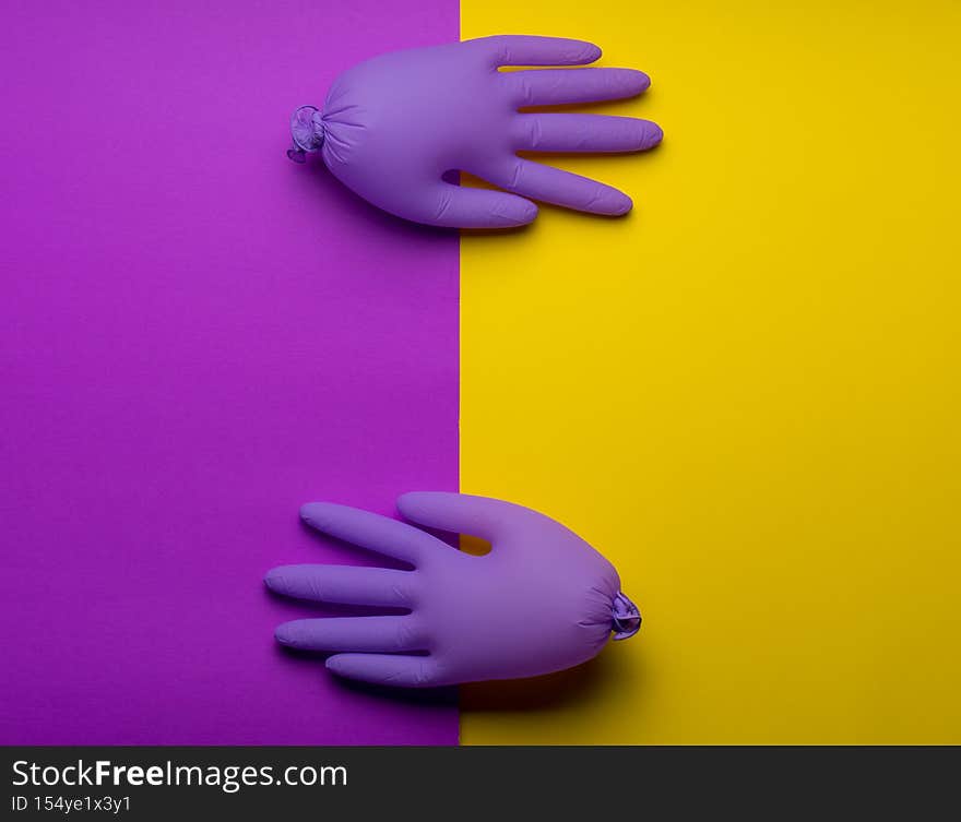 Medical background yellow. Medical mask, sanitizer gel and lab gloves on Virus protection equipment. Dangerous ncov corona virus. Novel Coronavirus 2019-nCoV. disponsable gloves and mask