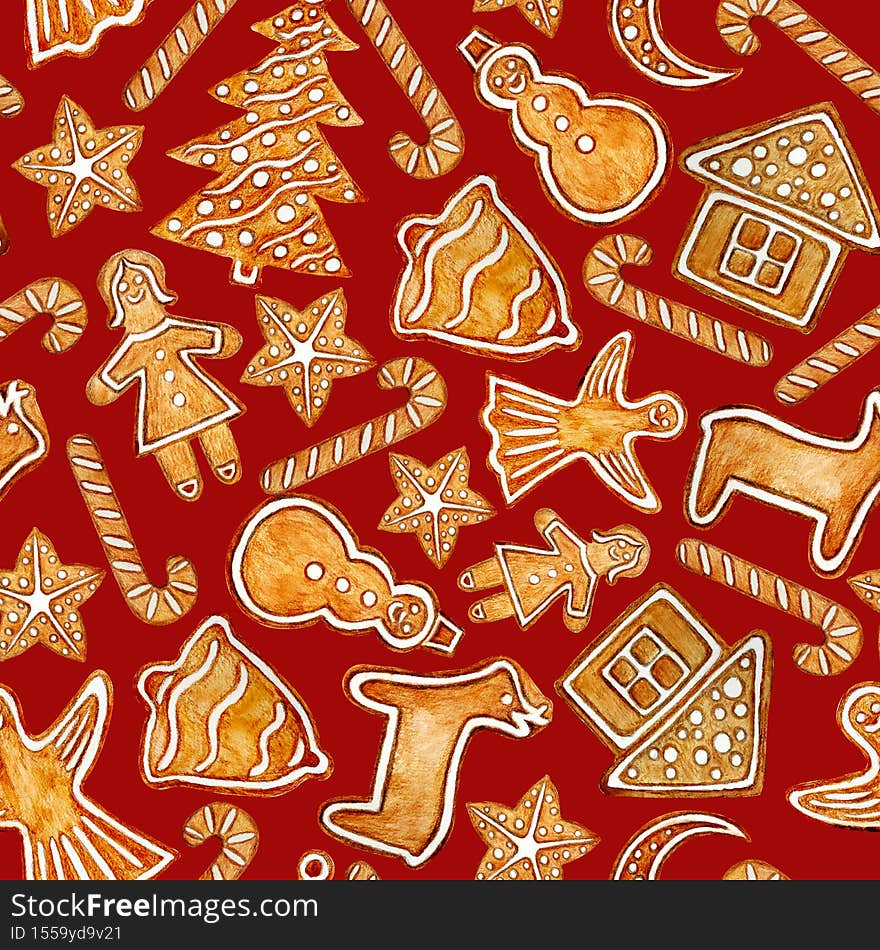 Watercolour Christmas pattern, Christmas cookies, red background. Seamless pattern.
