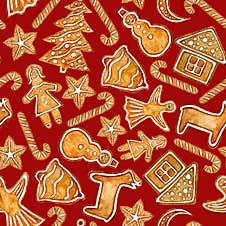 Watercolour Christmas Pattern, Christmas Cookies, Red Background. Royalty Free Stock Photo