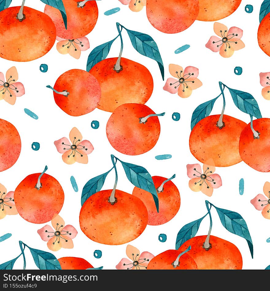 Watercolor seamless pattern with mandarins, flowers and confetti. Watercolor seamless pattern with mandarins, flowers and confetti
