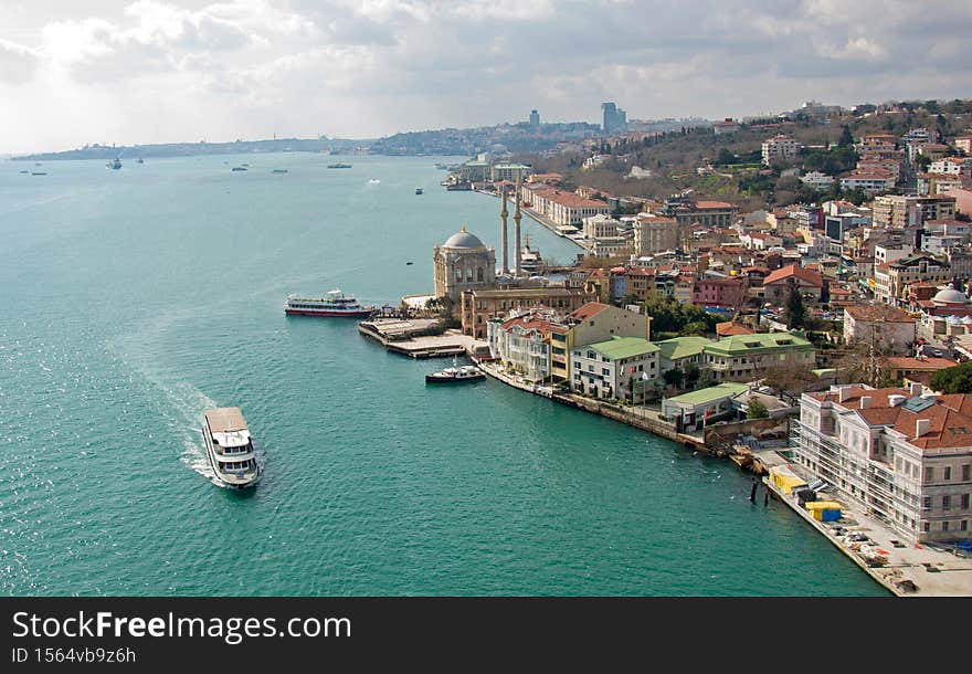 View of the Golden Horn Bay, the old city and Muslim mosques against the blue cloudless sky at sunset. Golden hour. Navigation.