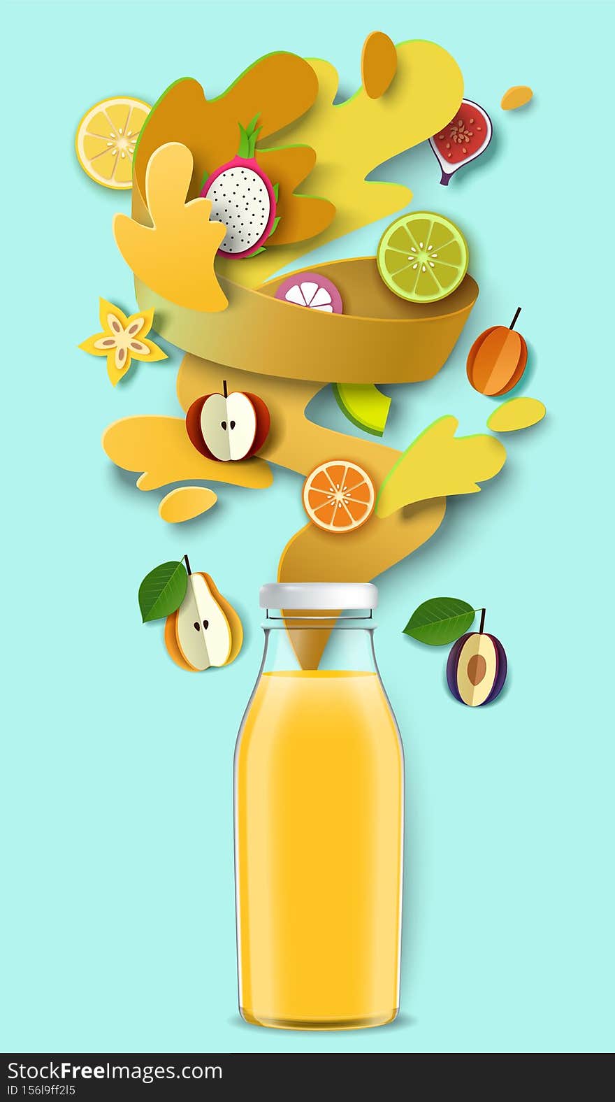 Fruit juice packaging glass bottle, paper cut fresh fruits, liquid splash, drops. Healthy drink, vector illustration.