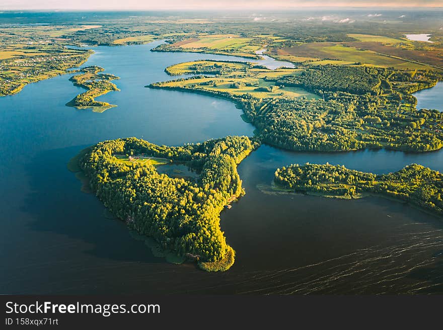 Lyepyel, Lepel Lake, Beloozerny District, Vitebsk Region. Aerial View Of Island Pension Lode In Autumn Morning. Morning Fog Above Lepel Lake. Top View Of European Nature From High Attitude In Autumn. Bird's Eye View.