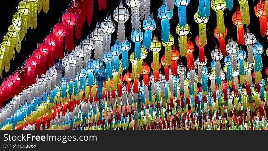 Closeup and crop Colorful panorama and perspective view of Thai Lanna style lanterns to hang in front of the temple on night time in Loy Kratong Festival
