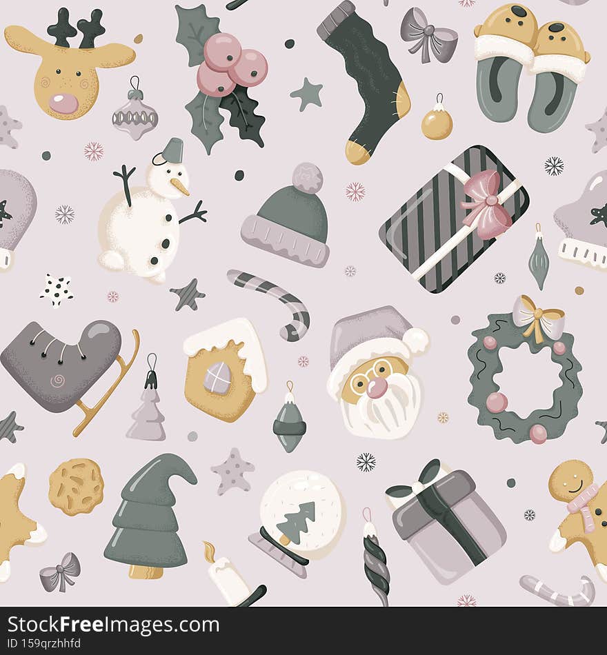 Happy new year seamless vector pattern. For design, wrapping paper and wallpaper. Black pattern christmas items. Vector