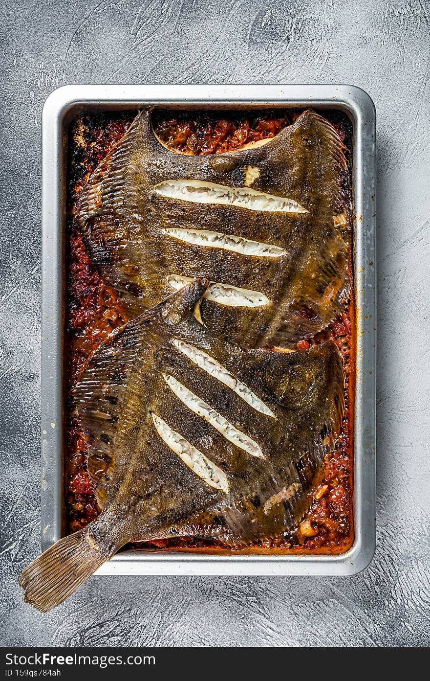 Plaice or Flounder flat fish baked in a tomato sauce in baking tray. White background. Top view.