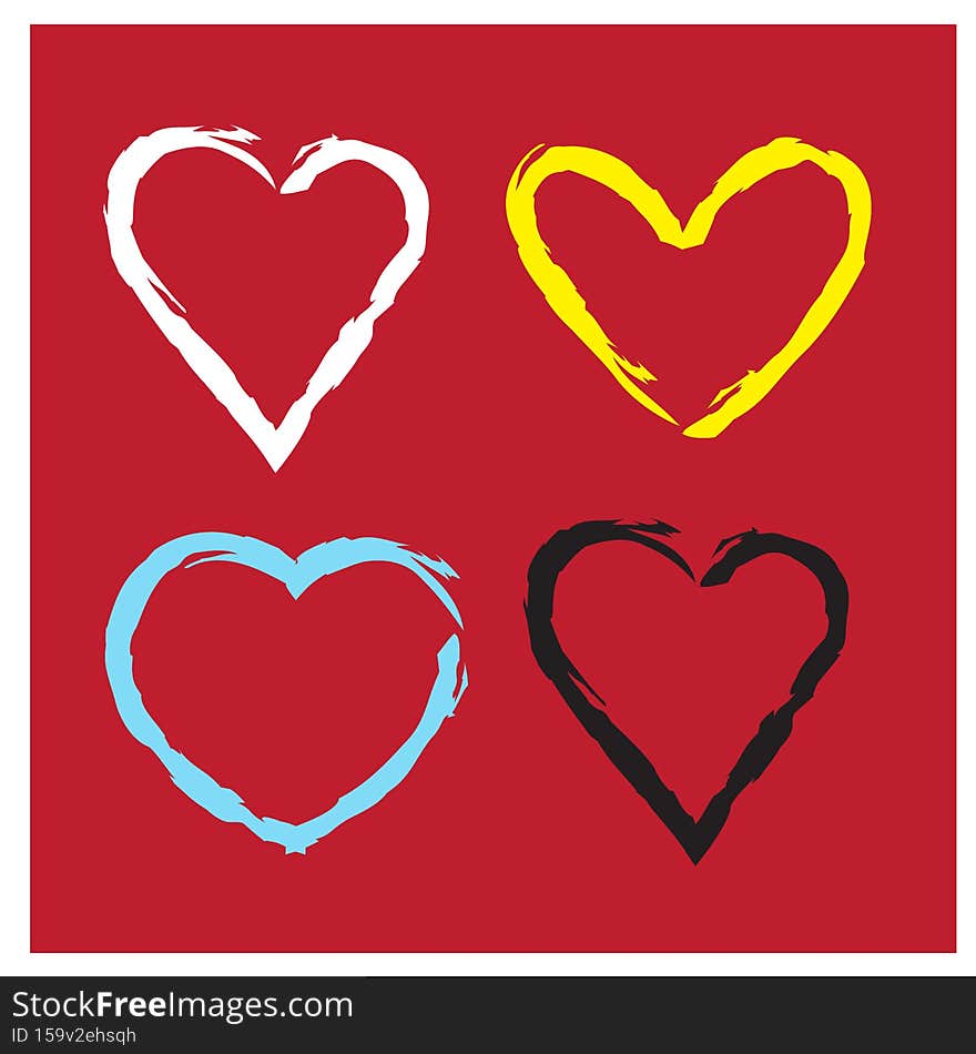 Collection of four heart illustrations, Valentine`s Day, Love symbol icon set, love symbol 
vector, posters, cards.