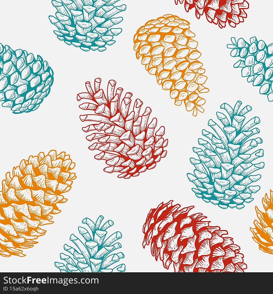Pine cone seamless pattern sketch engraving. Hand drawn illustration. xmas pinecones